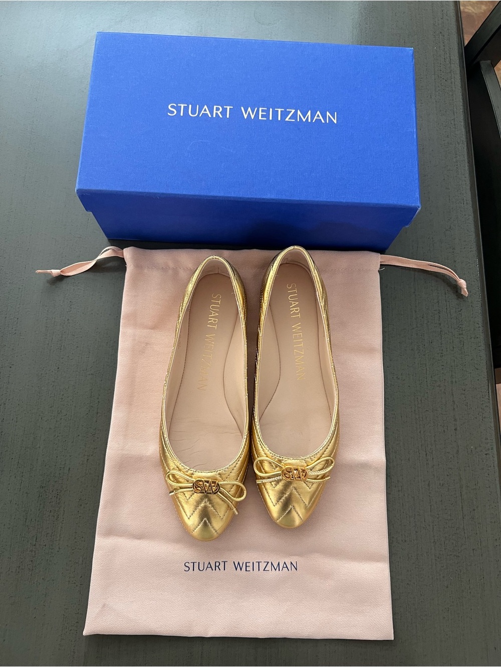 Stuart Weitzman Metallic Gold Quilted Ballet Flats with Bow